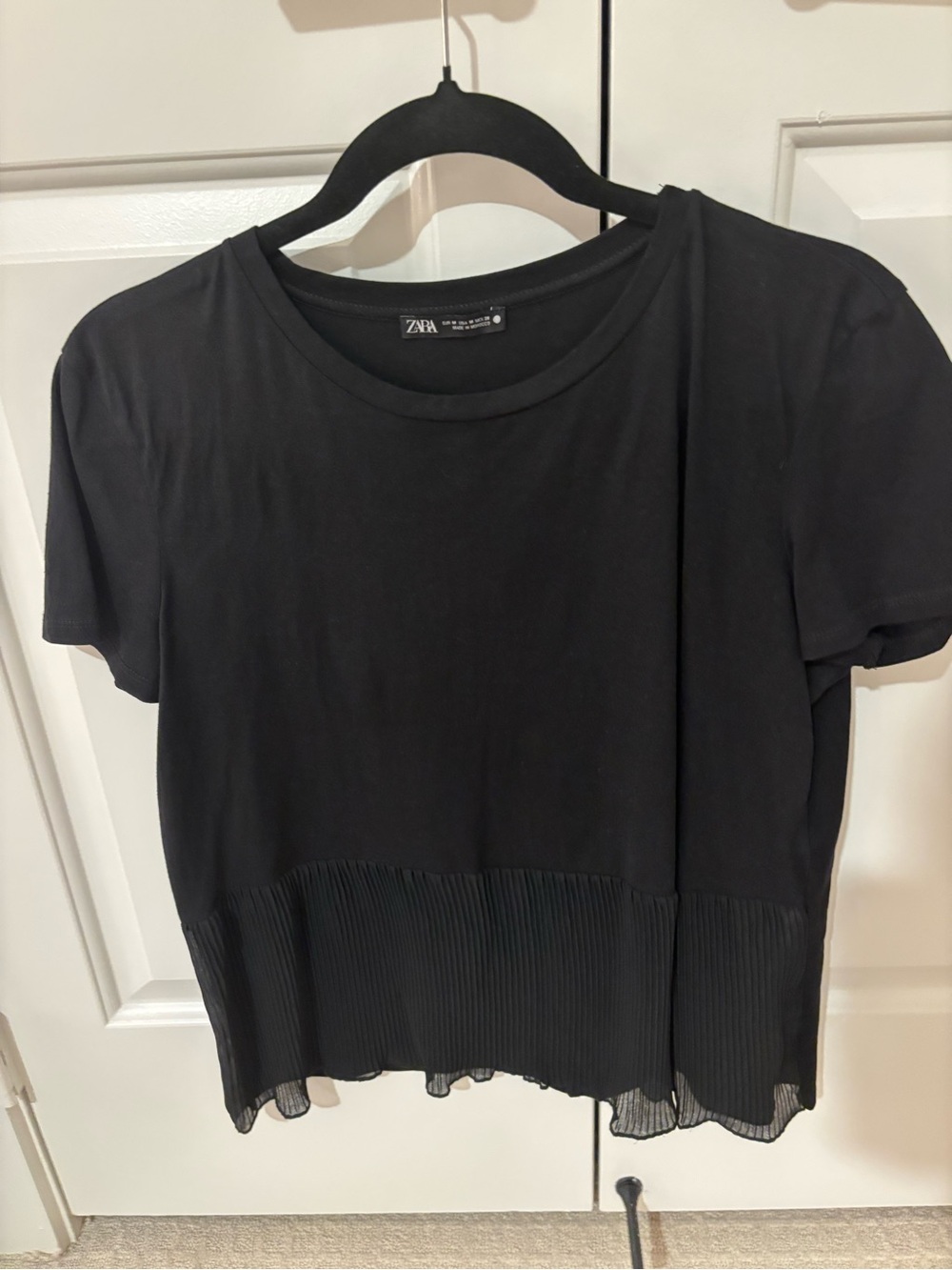 Zara Black Short Sleeve Top with Pleated Hem